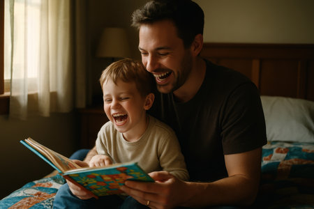 Father and young son laughing heartily while reading a colorful storybook together in a warm, cozy bedroom. depicts family bonding and childhood joy.の素材