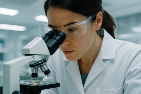 Female scientist wearing a lab coat and protective goggles intently observes a sample through a microscope in a clean, modern laboratory setting, focusing on scientific research and discovery.の素材