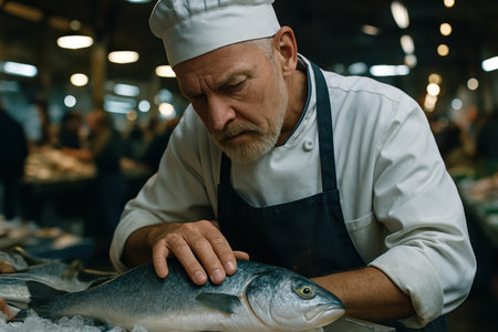 Experienced male chef meticulously inspecting a fresh whole fish on a bed of ice at a bustling seafood market, ensuring quality and freshness.の素材