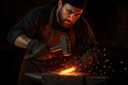 Bearded blacksmith in leather apron and gloves intently hammering glowing hot metal on an anvil, creating sparks in a dark, traditional workshop.の素材