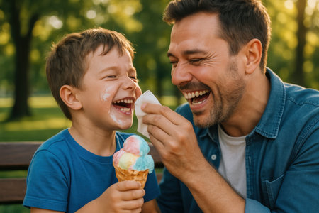 Happy father and son laughing together while eating ice cream outdoors. man wipes ice cream from boy face, sharing a joyful and candid moment on a sunny day.の素材