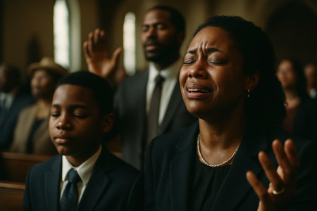 Black woman crying with deep emotion during a church service, accompanied by a boy and man. depicts faith, worship, and community.の素材