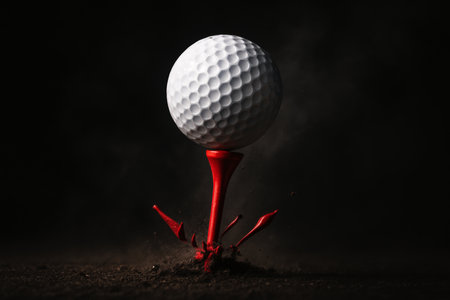 White golf ball on a vibrant red tee, visibly shattered at its base, against a dark, dramatic background. captures the intense moment of impact and power in the sport of golf.の素材