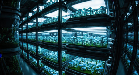 Futuristic vertical farm cultivating glowing blue mushrooms in transparent, stacked containers under artificial light. modern agriculture and biotechnology concept.の素材