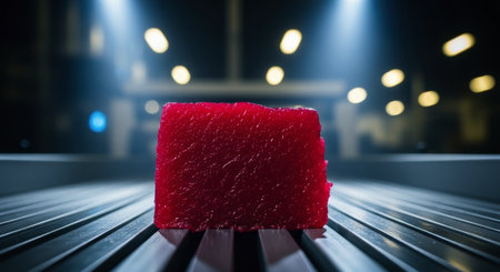 Deeply textured ruby red block on a metal conveyor belt, dramatically lit from above, emphasizing its unique surface and intense color.の素材