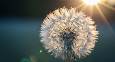 Dandelion seed head glowing in bright morning sunlight with a shimmering halo effect and lens flare against a dark blurred background.の素材