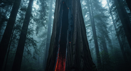 Charred ancient tree trunk with glowing embers inside a dark, misty forest. the scene highlights forest fire impact, resilience, and natural decay.の素材
