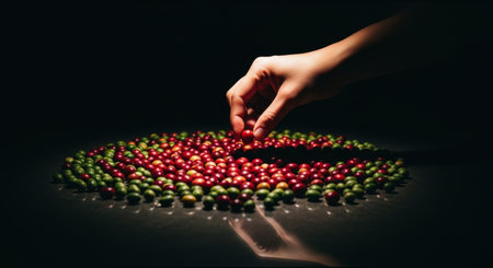 Hand carefully selecting ripe red coffee cherries from a mix of green and red berries, emphasizing quality, harvest, and raw coffee production.の素材