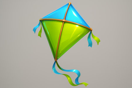 Vibrant blue and green glossy 3D kite with a classic diamond shape and flowing ribbons. represents childhood, freedom, and outdoor leisure activities.の素材