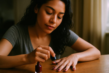 Hispanic woman focused on applying red nail polish to her fingernails while sitting at a wooden table indoors.の素材