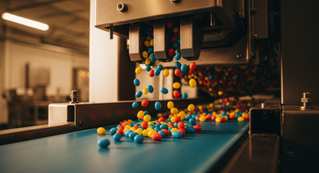 Colorful candies falling from an automated dispenser onto a blue conveyor belt in a modern food production factory, highlighting industrial automation and efficiency.の素材