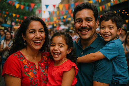 Happy hispanic family, including mother, father, daughter, and son, smiling and laughing together at a vibrant outdoor street festival with colorful flags and a blurred crowd.の素材