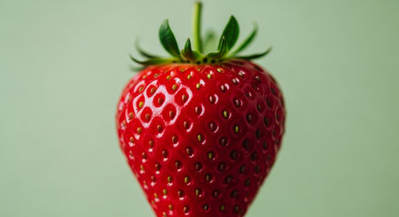 Perfectly ripe red strawberry with a vibrant green stem and intricate details of its tiny golden seeds. fresh, healthy, and delicious fruit, ideal for food, diet, and summer concepts.の素材