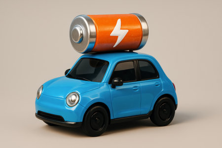 Blue electric car with a large orange battery on its roof, featuring a lightning bolt symbol. concept of electric vehicle power, renewable energy, and sustainable transportation.の素材