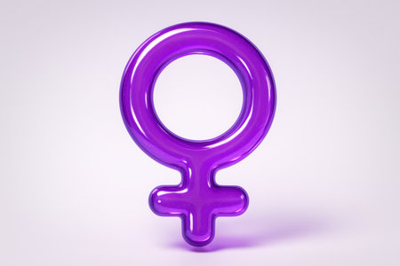 Vibrant purple 3D female gender symbol with a glossy, translucent finish, symbolizing womanhood, feminism, and gender identity.の素材