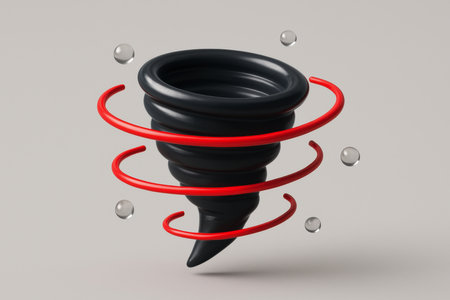 Stylized dark tornado icon with glossy finish, encircled by vibrant red swirling lines and clear water droplets, symbolizing power, storm, and energy.の素材