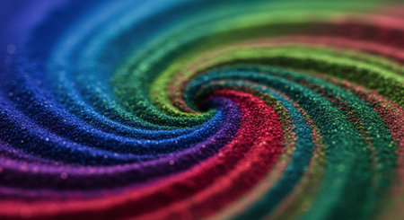 Colorful swirling vortex pattern of fine glittering powder in a macro close up. vibrant rainbow colors create an abstract, dynamic texture, ideal for backgrounds or artistic concepts.の素材
