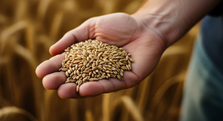 Farmer hand holding golden wheat grains, with a blurred field in the background. represents harvest, agriculture, food, and natural abundance.の素材
