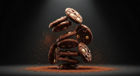 Double chocolate cookies with white chocolate chips dynamically falling, creating a tempting and delicious dessert display. cocoa powder scattered around.の素材