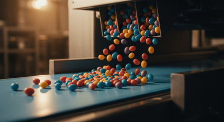 Brightly colored candies falling from a dispenser onto a blue conveyor belt in a modern food processing factory. illustrates automated production of sweets.の素材
