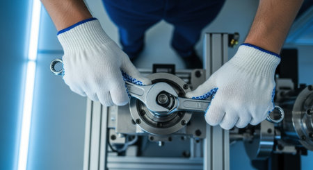 Engineer gloved hands using a wrench to tighten a bolt on a complex industrial machine, highlighting precision work and assembly.の素材