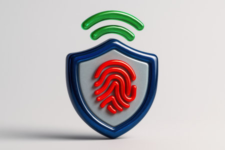 Glossy 3D icon featuring a blue shield with a red fingerprint and green wi fi signals, symbolizing cybersecurity, data protection, and secure wireless connection.の素材
