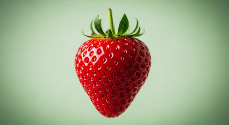 Single perfectly ripe red strawberry with vibrant green stem and visible seeds, isolated on a clean light background, fresh and healthy fruit.の素材
