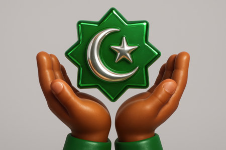 Cartoon hands with green sleeves gently cradle a prominent green star featuring a silver crescent moon and star, symbolizing islamic faith and spirituality.の素材