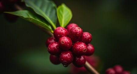 Ripe red coffee cherries with water droplets on a branch, surrounded by vibrant green leaves, showcasing the natural growth of coffee beans.の素材