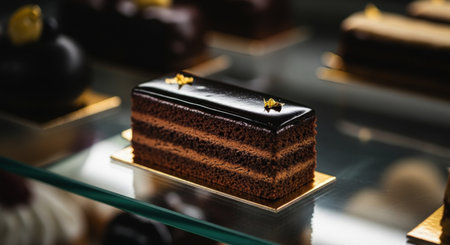 Chocolate layer cake with glossy mirror glaze and delicate gold decoration, presented on a golden base in a modern glass bakery display.の素材