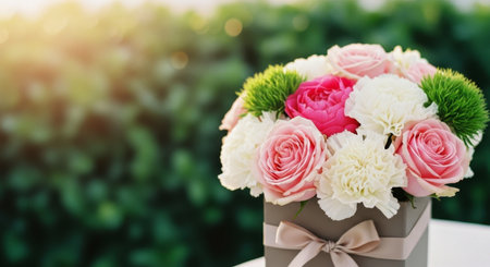 Elegant floral arrangement featuring blush pink roses, creamy white carnations, and green trick dianthus in a stylish grey gift box with a ribbon, set outdoors with soft sunlight.の素材