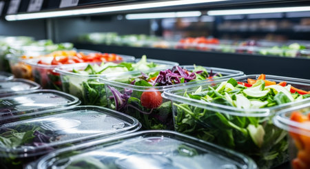 Vibrant pre packaged salads and fresh cut vegetables in clear plastic containers displayed on a refrigerated shelf in a supermarket. focus on healthy, ready to eat food options.の素材