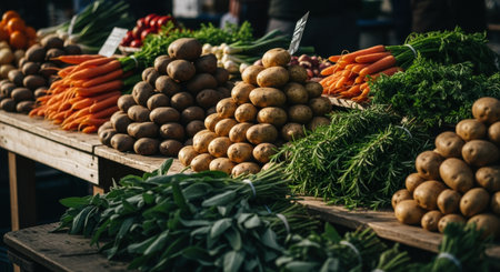 Fresh organic potatoes, vibrant carrots, and aromatic herbs are abundantly displayed on a rustic wooden stall at an outdoor farmers market.の素材