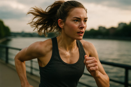 Athletic woman jogging outdoors along a riverbank, showcasing determination, focus, and an active lifestyle. her hair is in motion, indicating dynamic movement during exercise.の素材