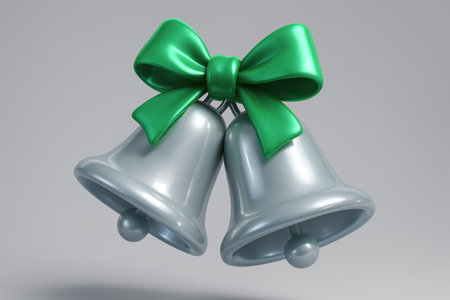 Glossy silver bells with a vibrant emerald green bow, symbolizing celebration, holidays, and festive occasions.の素材