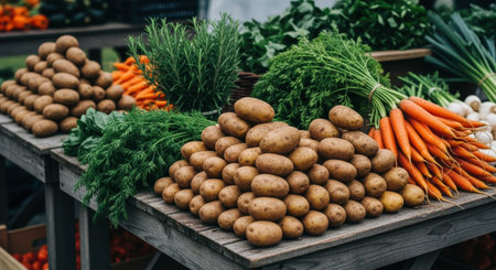 Fresh organic potatoes, carrots, and green vegetables displayed in abundance on rustic wooden tables at an outdoor farmers market stall, emphasizing healthy eating and local produce.の素材