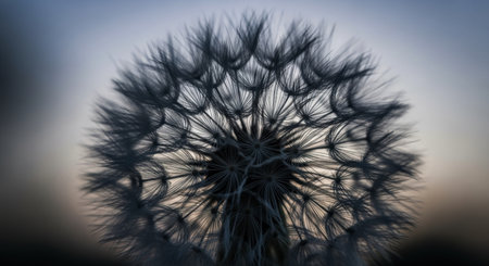Dandelion seed head in macro detail, showing countless fluffy seeds against a soft, blurred background at twilight.の素材