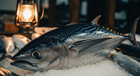Freshly caught skipjack tuna displayed on a bed of crushed ice, ready for sale at a market stall. other fish and a warm lantern are visible.の素材