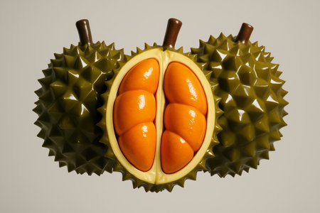 Two whole durian fruits and one half cut durian, showcasing its vibrant deep orange, segmented flesh. exotic tropical fruit known for its unique appearance.の素材