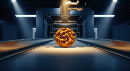Chocolate chip cookie moving along a modern industrial conveyor belt in a factory setting, symbolizing automated food production and quality control.の素材