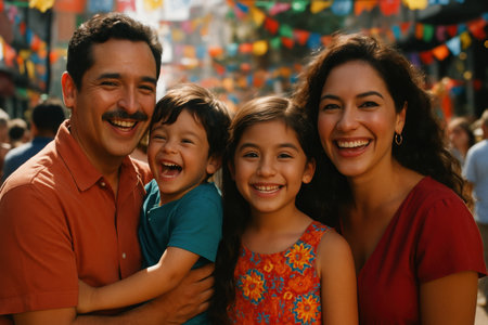 Joyful hispanic family, parents and two children, smiling broadly at a vibrant street festival adorned with colorful flags and festive decorations.の素材