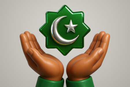Cartoon hands with green sleeves gently cradling a vibrant green islamic symbol featuring a silver crescent moon and star. represents faith, religion, and spirituality.の素材
