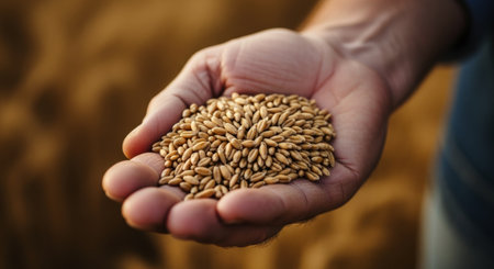 Farmer hand cradling a handful of golden wheat grains, representing harvest, abundance, and food production.の素材
