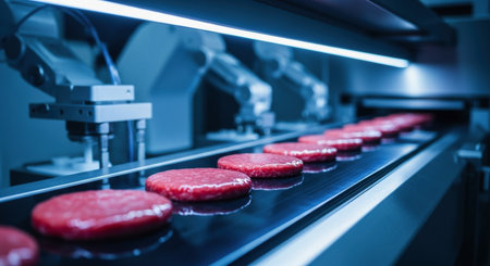 Synthetic meat patties moving along a sleek conveyor belt in a highly automated food production facility. robotic arms are visible, highlighting modern food manufacturing technology and efficiency.の素材