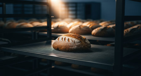 Rustic sourdough loaf resting on a metal rack in a commercial bakery, with other loaves blurred in the background, illuminated by warm light.の素材