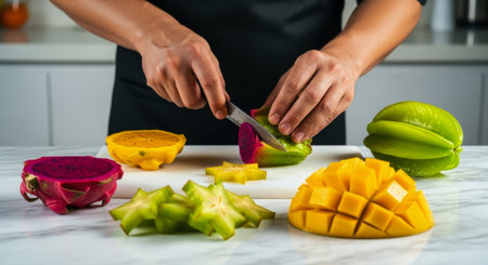 Chef hands meticulously slicing a star fruit on a white cutting board, surrounded by vibrant dragon fruit halves and perfectly cubed mango, showcasing fresh exotic produce.の素材
