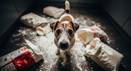Jack russell terrier dog with flour on its face and body, standing amidst spilled white flour and overturned bags on a dark kitchen floor. playful, mischievous pet creating a domestic mess.の素材