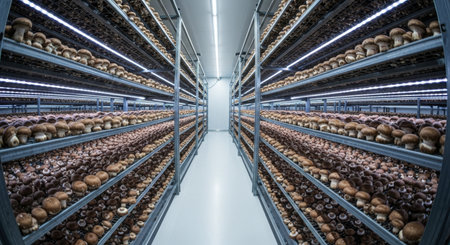 Vast indoor mushroom farm with multiple levels of shelves filled with various types of fresh fungi, illuminated by artificial lights. depicts modern agriculture and controlled environment cultivation.の素材