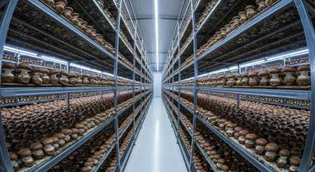 Large indoor mushroom farm with countless rows of brown mushrooms growing on multi tiered shelves. modern controlled environment for commercial cultivation and food production.の素材