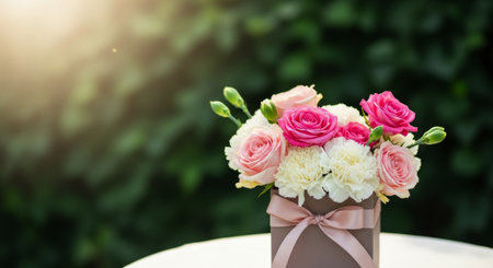 Floral arrangement featuring pink roses and white carnations in a brown gift box with a pink ribbon, perfect for celebrations, love, and special occasions.の素材